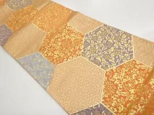 亀甲尽くしに笹蔓緞子・花唐草・花菱模様織出し袋帯